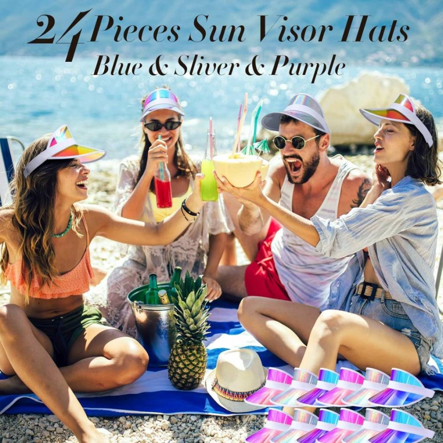 Unittype 24-Pack UV Protection Sun Visor Hats for Women & Men - Adjustable Translucent Golf, Beach, Sports Caps in Silver, Purple, Blue for Outdoor Activities