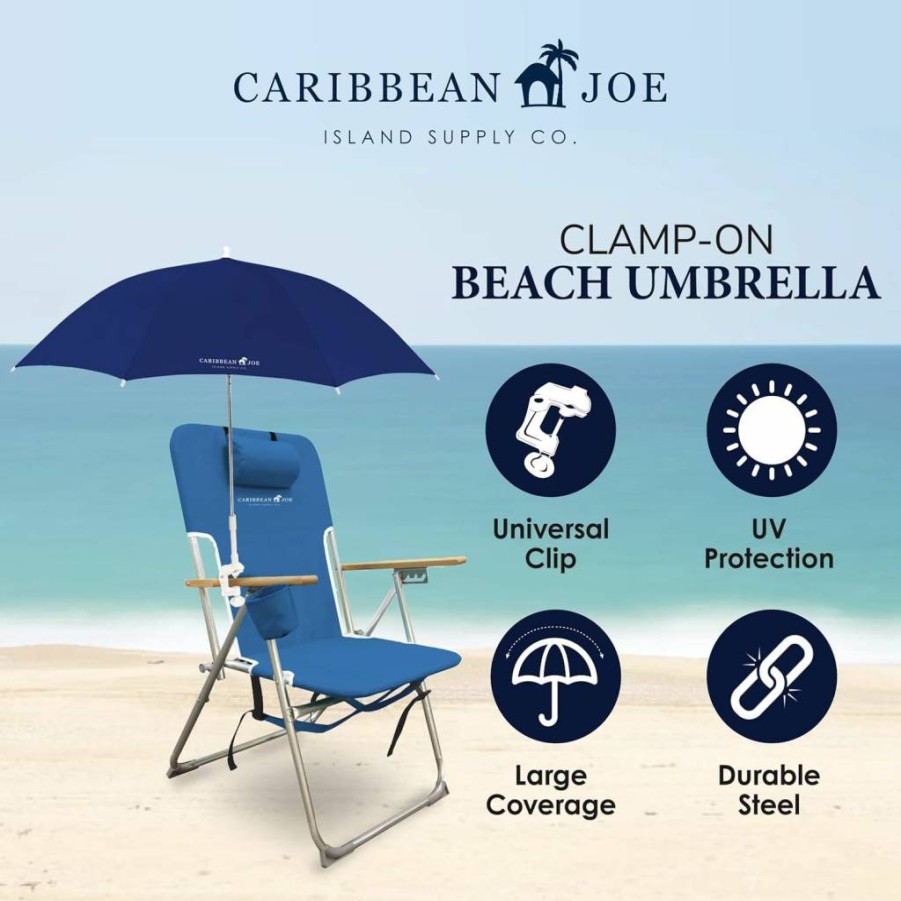 CARIBBEAN JOE 48-Inch Adjustable Beach Umbrella with Universal Clamp & UV Protection for Chairs, Portable Arc Design for Sun Shade
