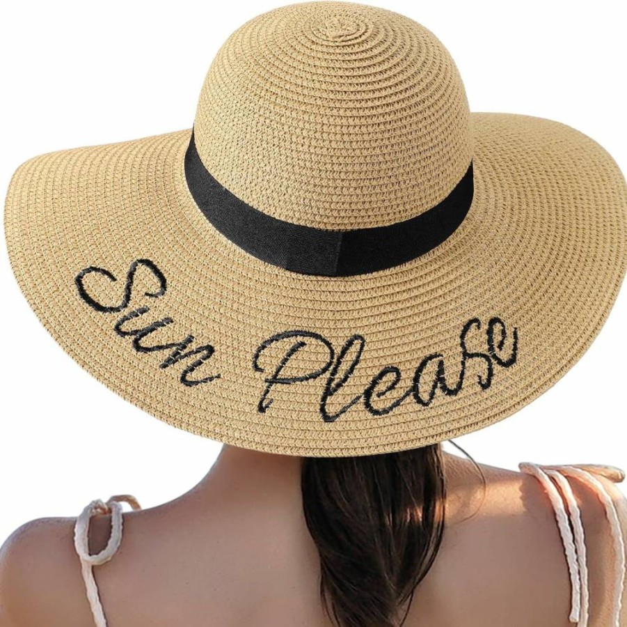 Tavaleu Women's Wide Brim Straw Sun Hat - Foldable UV Protection Beach Hat with Wind Lanyard for Summer