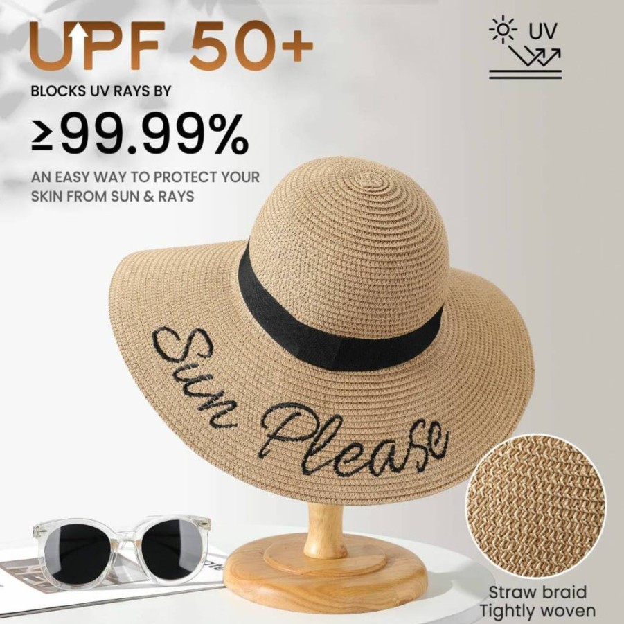 Tavaleu Women's Wide Brim Straw Sun Hat - Foldable UV Protection Beach Hat with Wind Lanyard for Summer