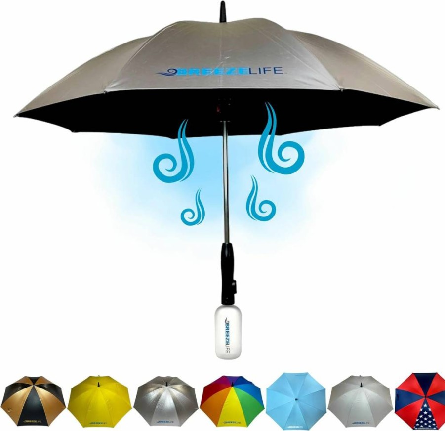 Breeze Life Mister Breeze Cooling Sun Umbrella with Built-in Fan & Mister - Portable Shade for Beach, Festivals, Outdoor Activities (Blue)
