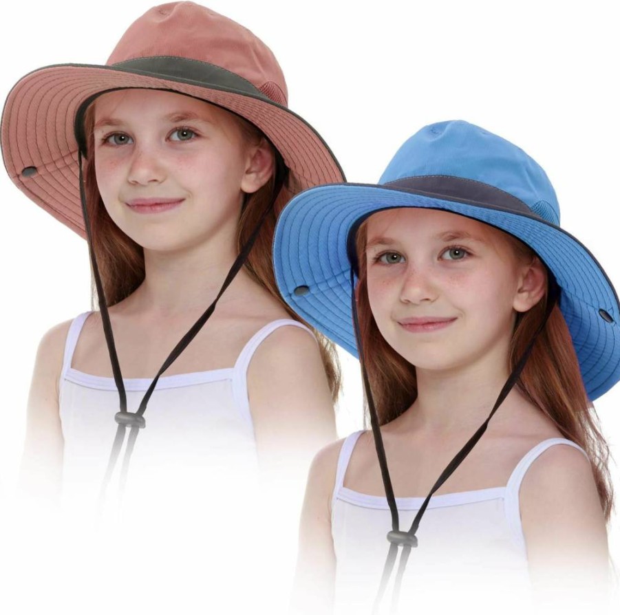 Syhood 2 Pack Girls Summer Sun Hat Wide Brim UV Protection Foldable Ponytail Beach Bucket Cap for Toddler