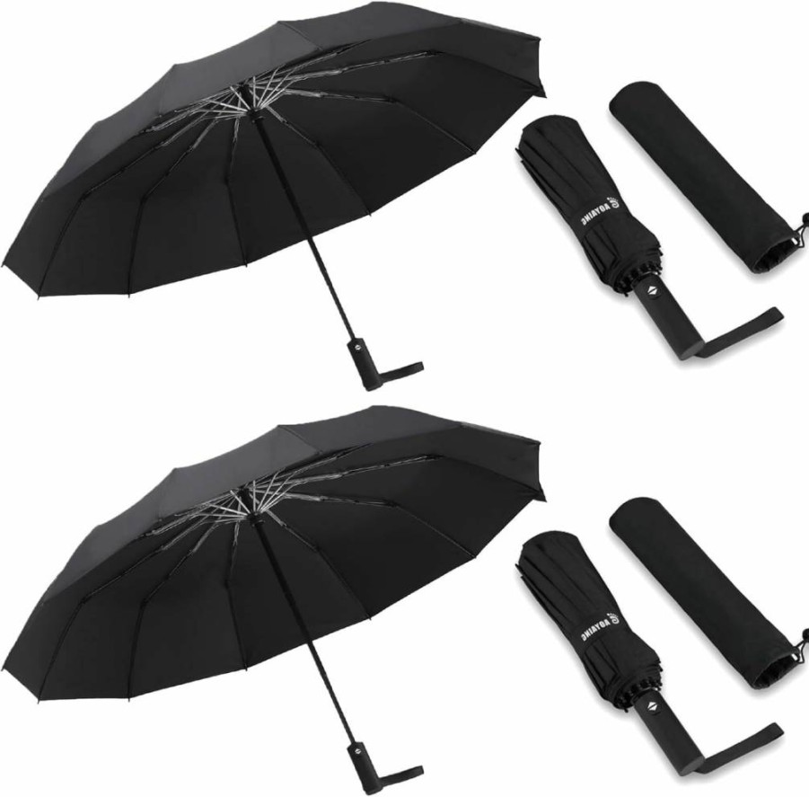GAOYAING 46 Inch Large Windproof Automatic Travel Umbrella with UV Protection, 12-Rib Heavy Duty 210T Pongee Fabric, Folding Design Includes Sleeve, Yellow