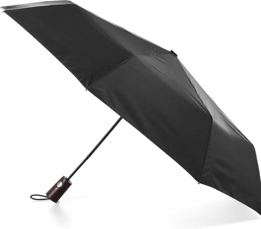 totes Automatic Open Wooden Handle Umbrella - Classic Black Windproof Compact Travel Umbrella