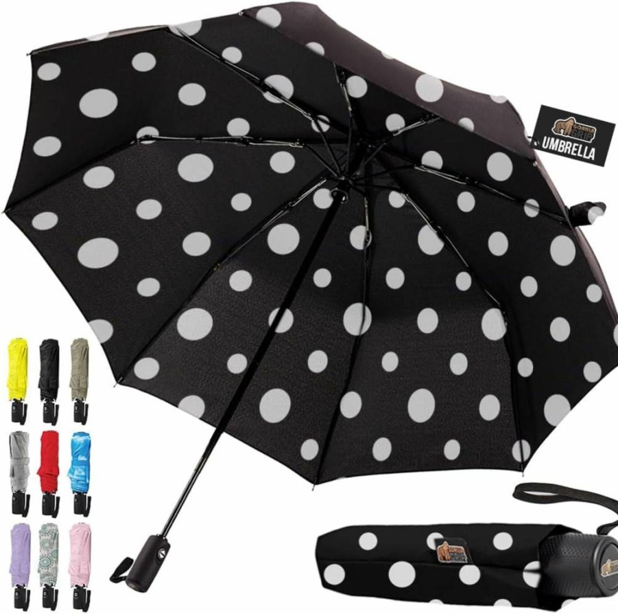 GORILLA GRIP Automatic Travel Umbrella - Windproof, Compact, Lightweight, One-Click Open/Close, Reinforced Fiberglass Ribs, Portable Folding Design for Rain, Black