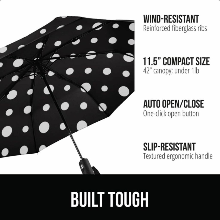 GORILLA GRIP Automatic Travel Umbrella - Windproof, Compact, Lightweight, One-Click Open/Close, Reinforced Fiberglass Ribs, Portable Folding Design for Rain, Black