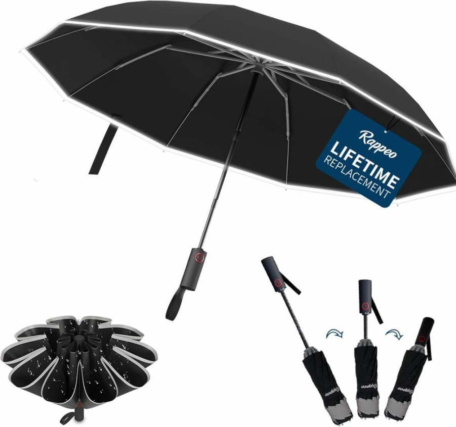 Rappeo Automatic Reverse Folding Umbrella with Anti-Rebound Protection, Reflective Safety Strips, Lightweight Portable Design for Rain and Sun, Ideal for Men and Women