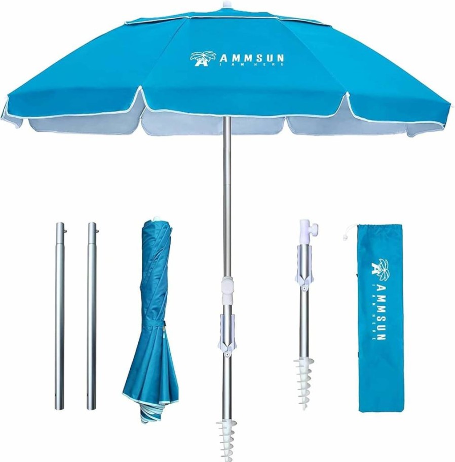 AMMSUN 6.5Ft Portable Beach Umbrella with Sand Anchor, Windproof Design, Push Button Tilt, UPF 50+ Sun Protection for Pool, Garden, Patio, and Backyard - Folds Compact for Travel