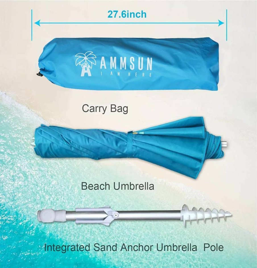 AMMSUN 6.5Ft Portable Beach Umbrella with Sand Anchor, Windproof Design, Push Button Tilt, UPF 50+ Sun Protection for Pool, Garden, Patio, and Backyard - Folds Compact for Travel