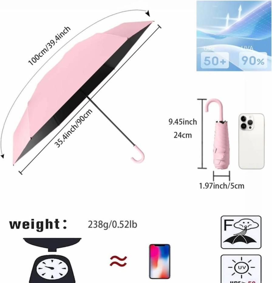 Erised's Bifrost Mini Travel Umbrella - Compact Folding Hook Handle, UV 99% Sun & Rain Protection, Lightweight Portable Pocket Totes Backpack Umbrella for Women & Kids