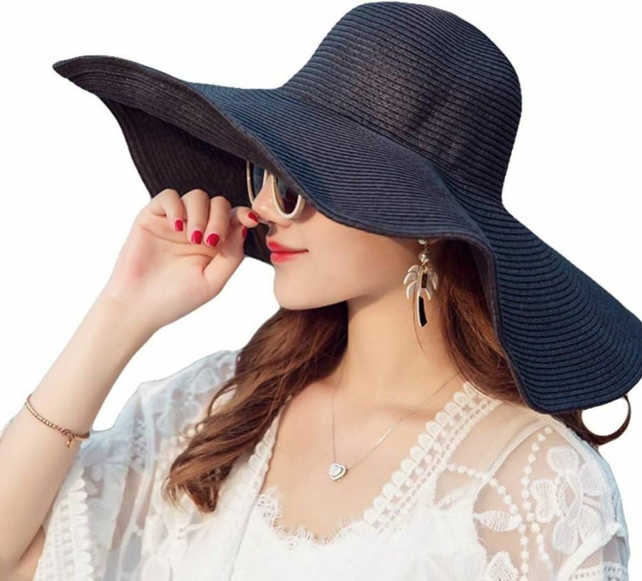 SYBL Women's Floppy Straw Sun Hat - Wide Brim Foldable UV Protection Summer Beach Hat for Gardening, Hiking & Travel (Black)