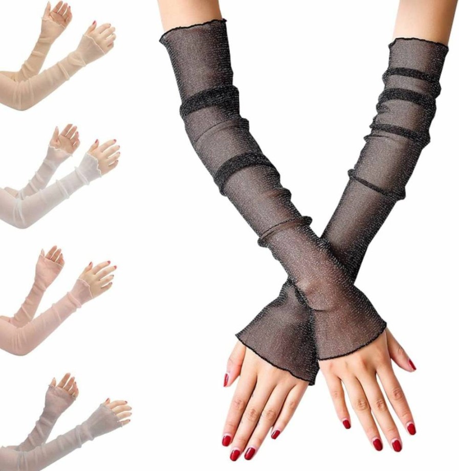 YIZRFU Women's UV Sun Protection Arm Sleeves - 5 Pairs Cooling Lace Gloves for Driving, Running, Riding & Outdoor Activities - Breathable Mesh Fingerless Tulle Sleeve Covers