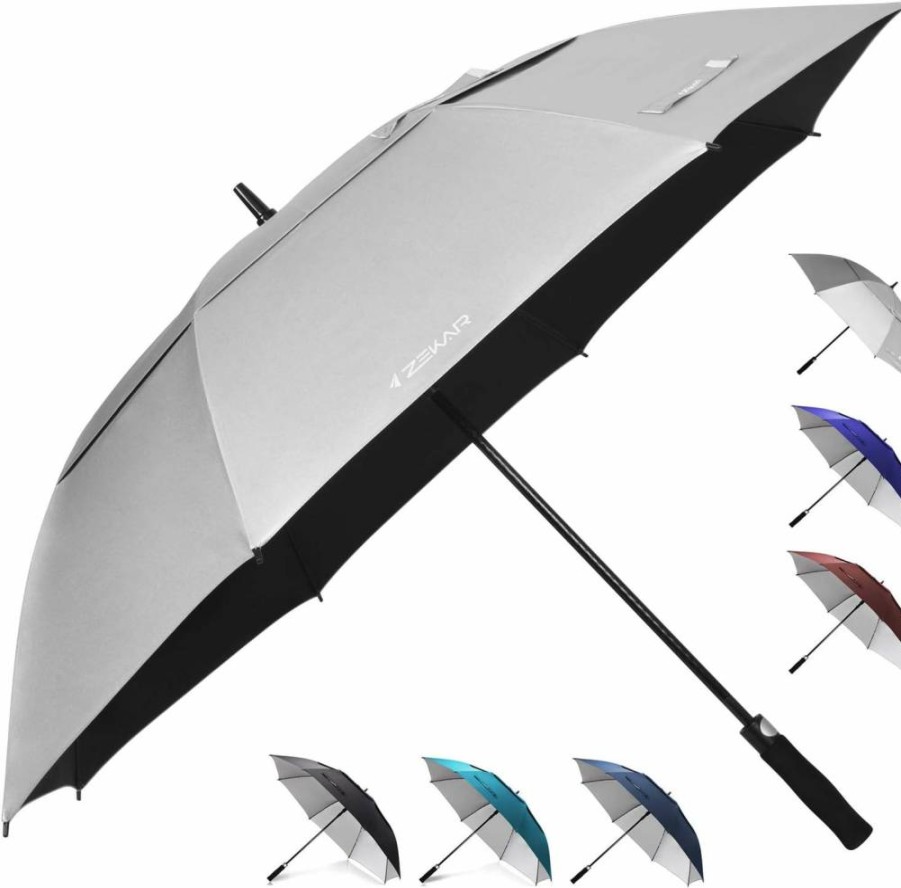 ZEKAR 62" & 68" Windproof Golf Umbrella with UV Protection – Large Vented Canopy for Sun Shade, UPF 50+ Patio Umbrella, Keep Cool, Silver (Pack of 2)