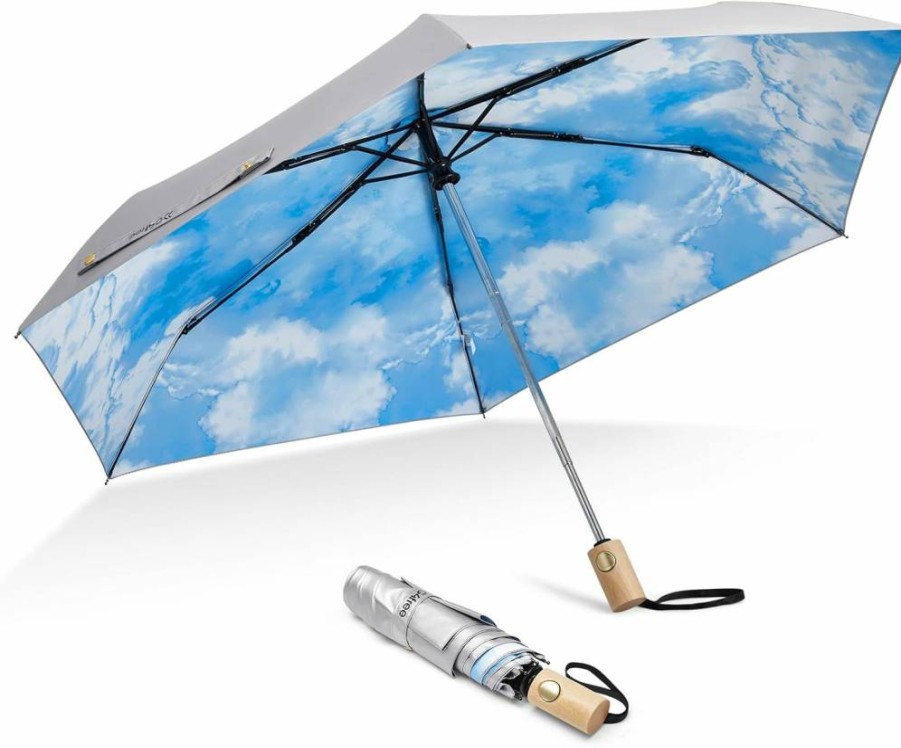 G4Free 42 Inch UV Protection Travel Umbrella - Auto Open/Close, Lightweight Folding Design, Wooden Handle, UPF 50+ Sun & Rain Resistant (Lake Blue)