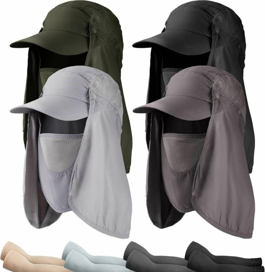 Geyoga 4 Pack UPF 50+ Sun Hat with Neck Flap & Arm Sleeves - UV Protection Fishing Hat for Outdoor Hiking