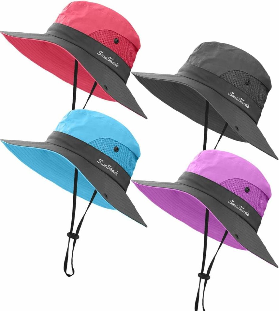 KIRAAT 4 Pack Women's Summer UV Protection Wide Brim Sun Hat - Foldable Mesh Ponytail Beach & Fishing Cap