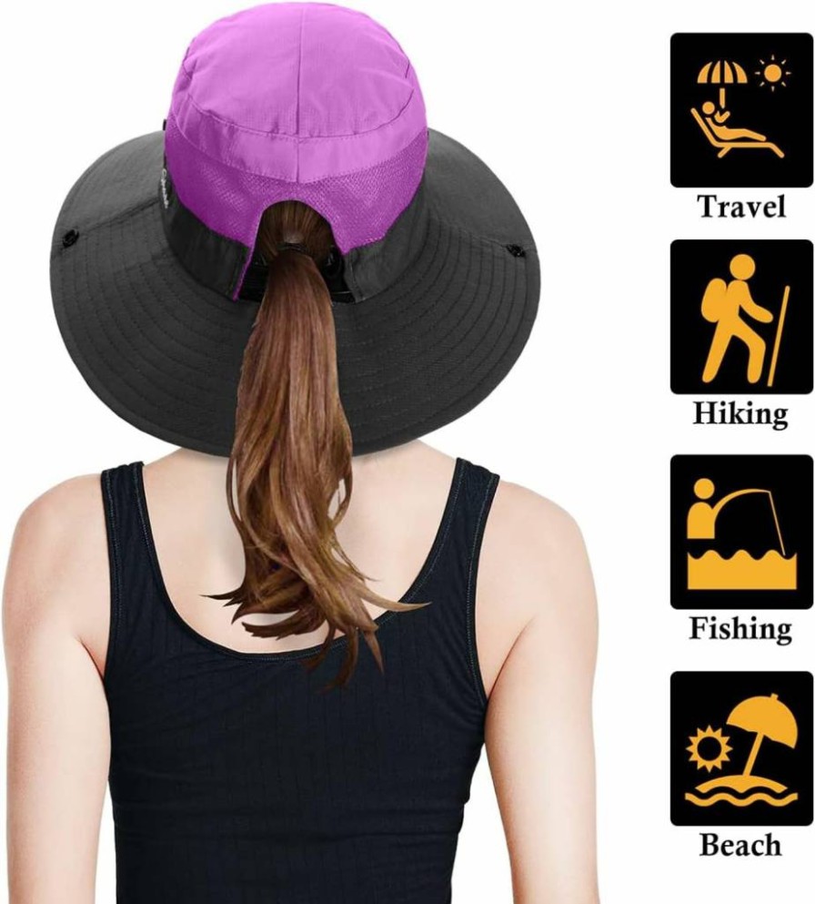 KIRAAT 4 Pack Women's Summer UV Protection Wide Brim Sun Hat - Foldable Mesh Ponytail Beach & Fishing Cap