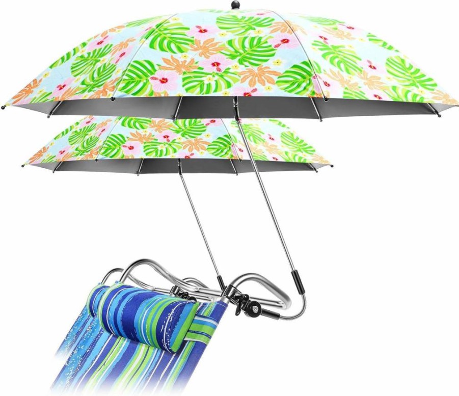 Locmeo 2-Pack Adjustable 360° Beach Umbrella with Clamp - UV Protection for Chairs, Wheelchairs, Golf Carts & Patio (Floral Design)