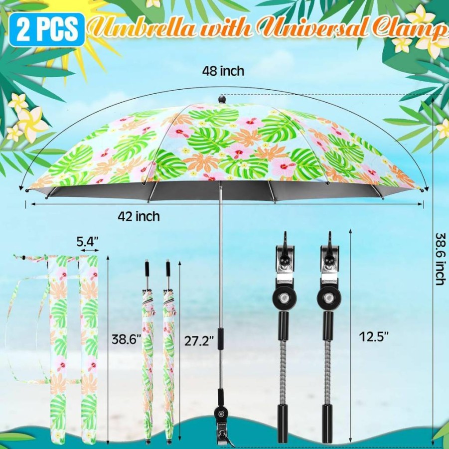 Locmeo 2-Pack Adjustable 360° Beach Umbrella with Clamp - UV Protection for Chairs, Wheelchairs, Golf Carts & Patio (Floral Design)