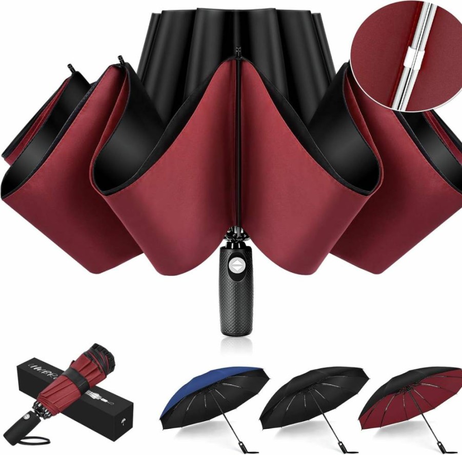Bachdomc Inverted Windproof Umbrella - Auto Open/Close, Compact Travel Umbrella for Women & Men with Reinforced Fiberglass Ribs & UV Protection