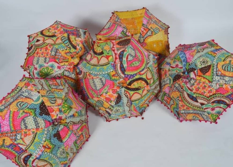 YUVANCRAFTS Handmade Boho Cotton Umbrella - Indian Embroidery Design, UV Protection Beach Parasol, Multi-Colored Wedding Sun Umbrella (Pack of 10)