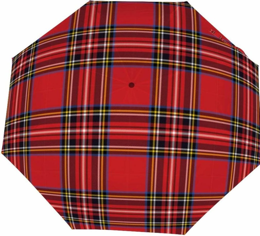 FunnyStar Automatic/Manual Travel Umbrella - Windproof, Rain & UV Protection, Red Black Buffalo Tartan Plaid Checkered Design, Compact 3-Fold