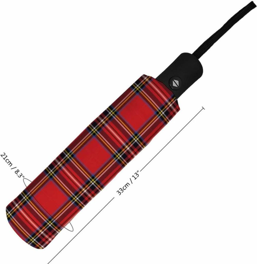 FunnyStar Automatic/Manual Travel Umbrella - Windproof, Rain & UV Protection, Red Black Buffalo Tartan Plaid Checkered Design, Compact 3-Fold