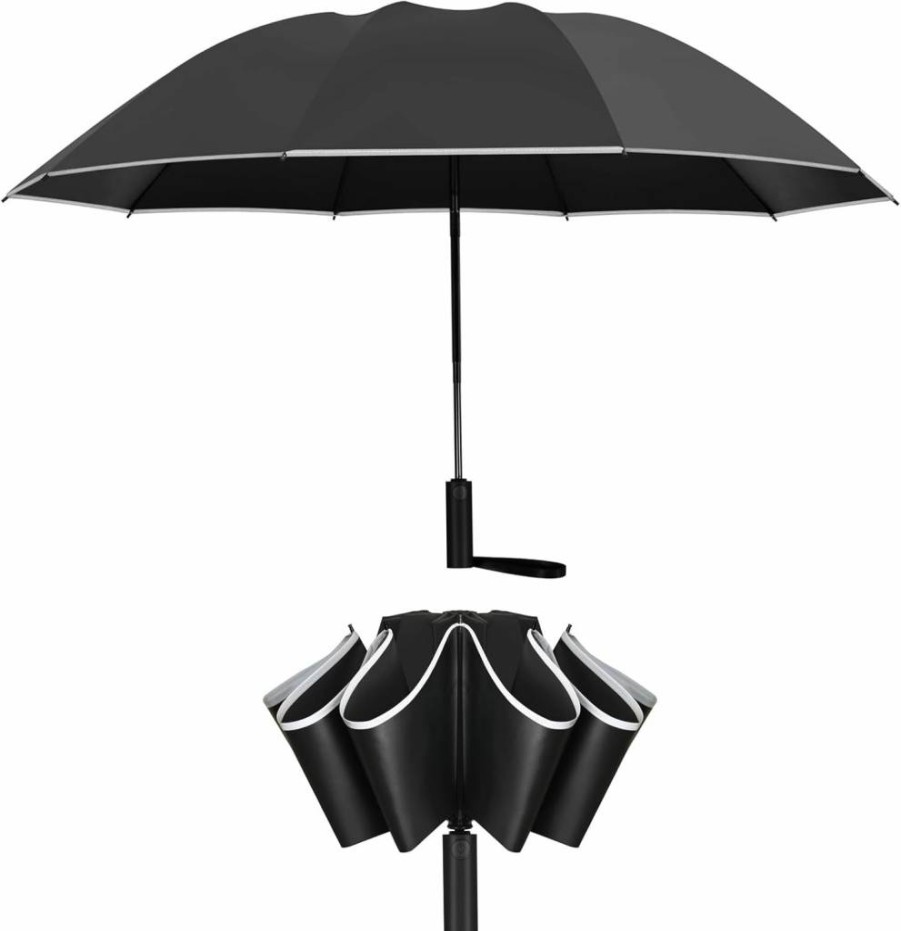 FATONESA Reverse Umbrella Windproof Automatic Open Close, UPF 50+ UV Protection Compact Inverted Folding Design, Reflective Safety Strip for Men Women, 47 Inch Large Canopy, Black