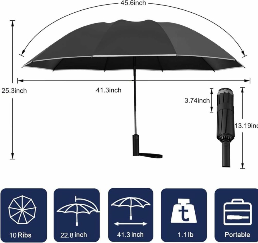 FATONESA Reverse Umbrella Windproof Automatic Open Close, UPF 50+ UV Protection Compact Inverted Folding Design, Reflective Safety Strip for Men Women, 47 Inch Large Canopy, Black