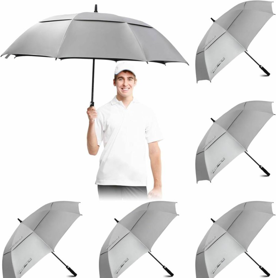 Aliceset 5-Pack 62" Large Golf Umbrella with UV Protection - Automatic Open, Double Canopy, Vented & Waterproof - Silver & White Wedding, Sun, and Beach Umbrellas