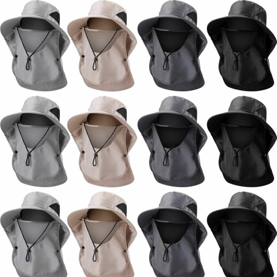Xuhal 12 Pack UV Protection Sun Hat for Men & Women - Wide Brim Summer Outdoor Hiking Cap with Neck & Face Flap, 4 Color Options