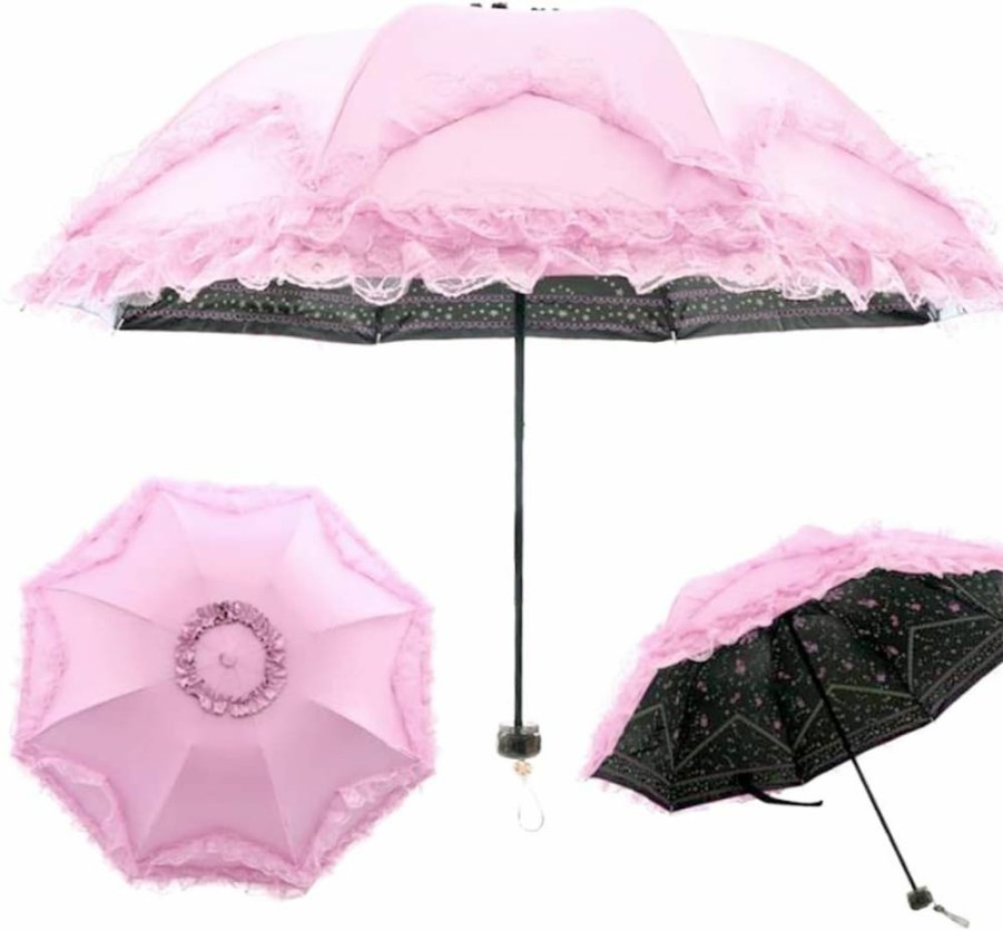 WANLIAN UV Protection Folding Umbrella Windproof Lace Parasol for Sun and Rain