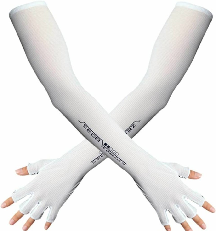 Locatis UV Protection Arm Sleeves for Men & Women - Cooling Sun Compression Sleeves for Cycling, Running, Outdoor Sports - Fingerless Lightweight Breathable White Arm Covers