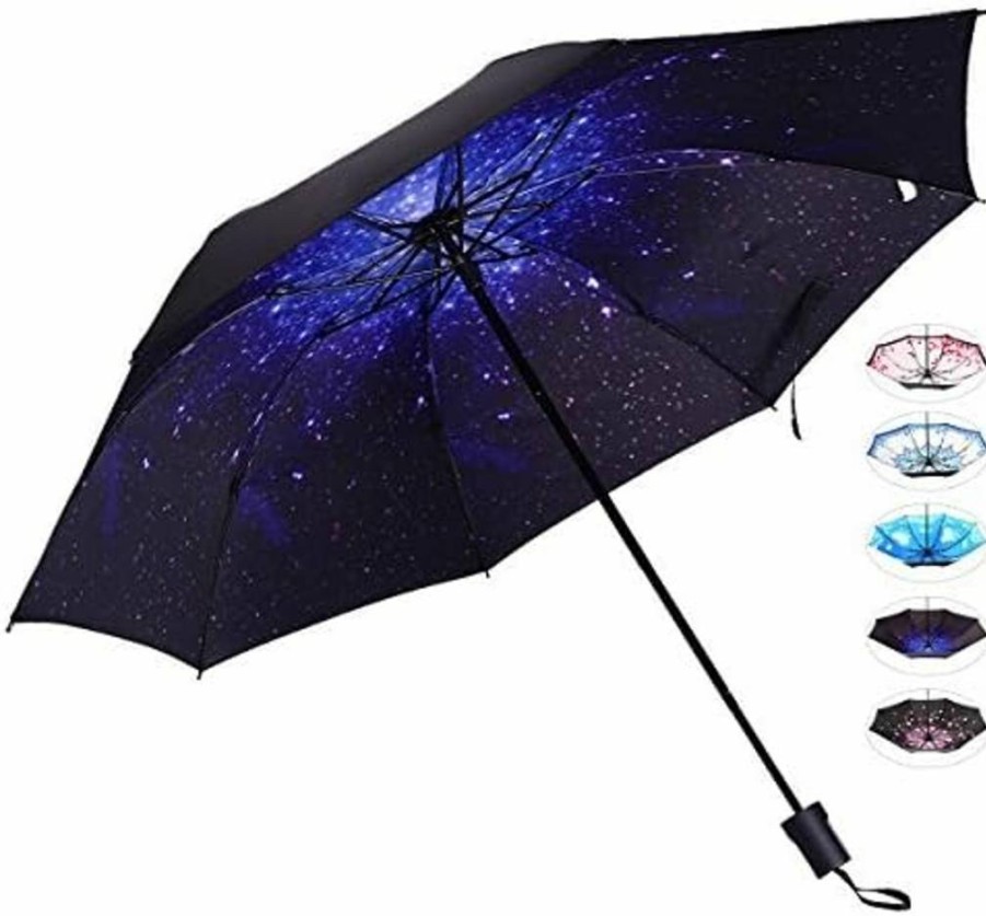 J&B Umbrellas Compact Travel Umbrella for Women - Lightweight Vinyl Anti-UV Sun and Rain Parasol with Starry and Blossom Design, Perfect Gift Choice