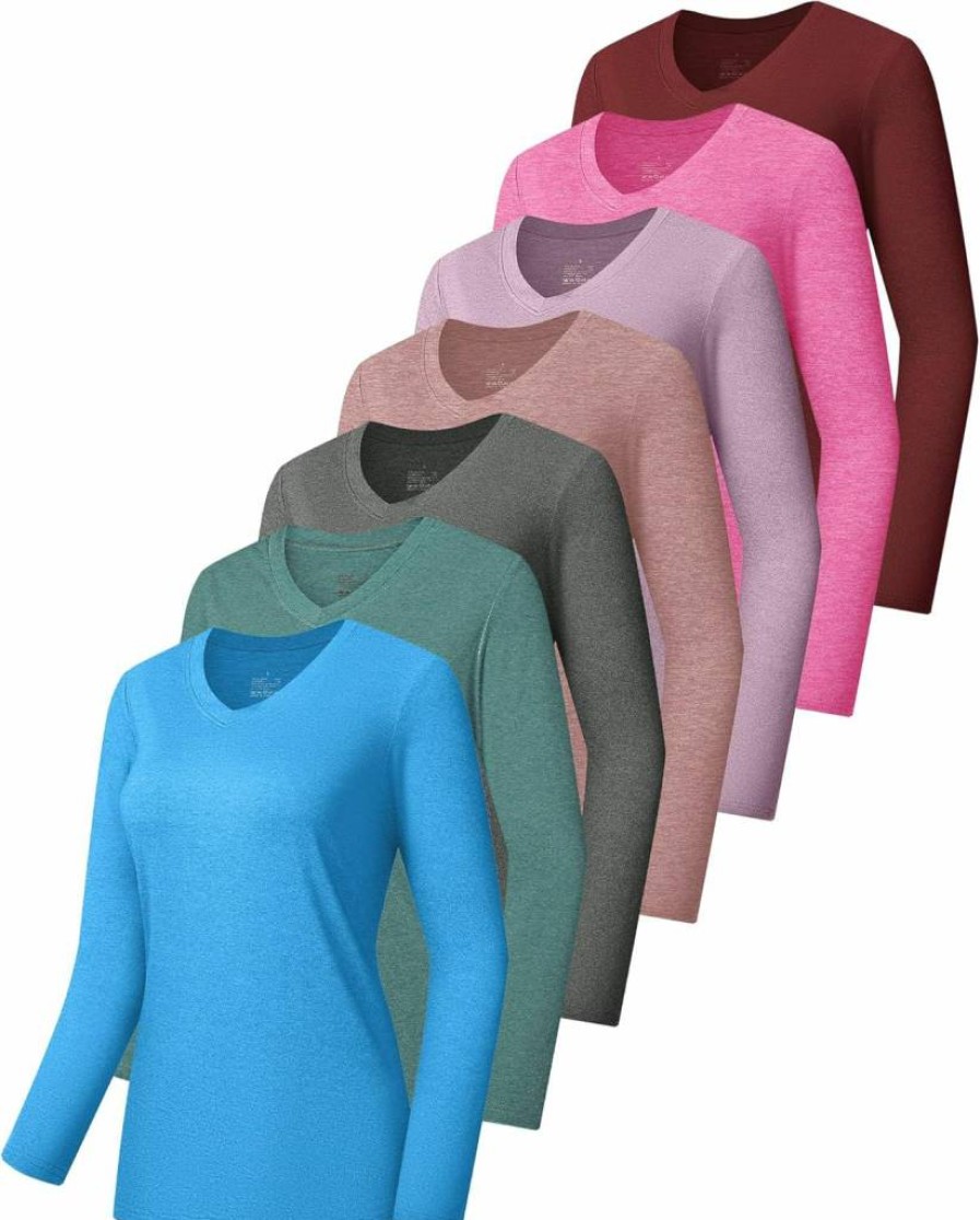 Rolimaka Women's 7-Pack Long Sleeve UV Protection Shirts UPF 50+ Quick Dry Athletic Tops for Running & Workout V-Neck Activewear