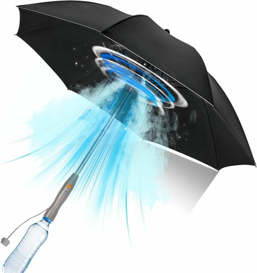 KFURNIKN UV Sun Protection Umbrella with Built-in Fan & Mist Spray - Cooling Summer Umbrella for Sun and Rain, Portable Black UV Shield