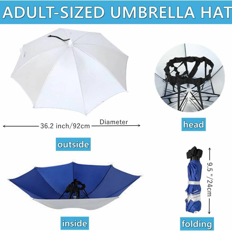 2 Pack Adjustable Umbrella Hat for Adults - 36" Wide Sun Rain Protection, Foldable UV Shield Outdoor Headwear for Fishing, Beach, Hiking & Parties (Generic)