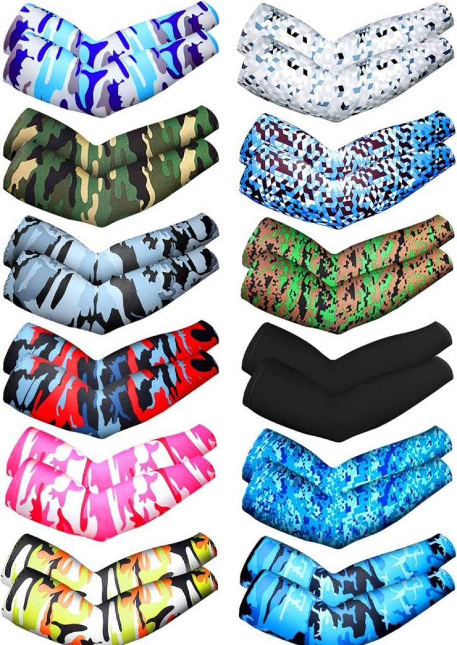Hicarer Unisex UV Protection Arm Sleeves - 12 Pairs Cooling Ice Silk Sun sleeves for Men & Women - Camouflage Design, Breathable & Lightweight Sunscreen Arm Covers