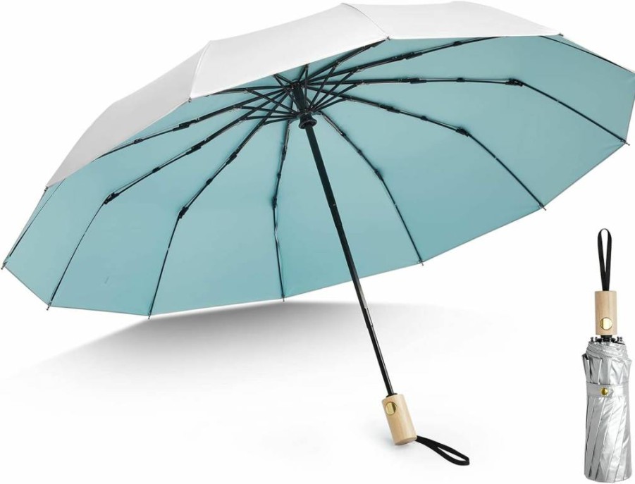 G4Free 46 Inch Large UV Protection Travel Umbrella with Auto Open Close, Windproof Fiberglass Ribs & Wooden Handle for Sun and Rain Protection