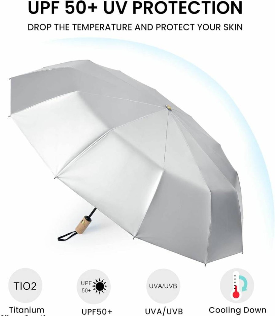 G4Free 46 Inch Large UV Protection Travel Umbrella with Auto Open Close, Windproof Fiberglass Ribs & Wooden Handle for Sun and Rain Protection