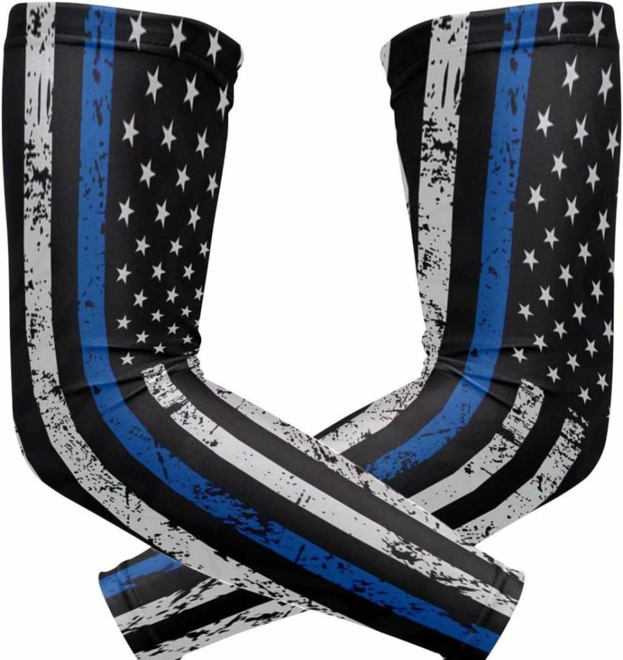 Vcmaluco Thin Blue Line Flag USA Cooling Arm Sleeves – UV Sun Protection for Men & Women – Running, Golf, Cycling Arm Warmer Sleeves (1 Pair)