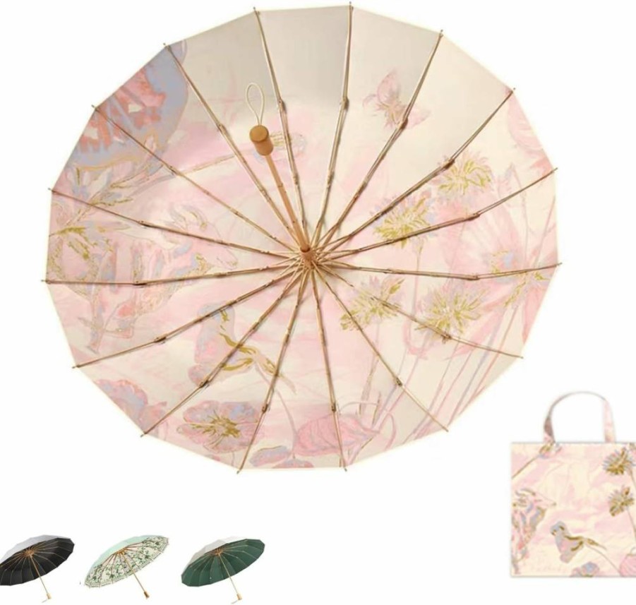 MENHLAGDI Folding Umbrella UPF 50+ UV Protection Windproof Compact Travel Umbrella with Wooden Handle for Women & Men - Pink
