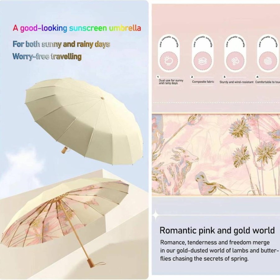 MENHLAGDI Folding Umbrella UPF 50+ UV Protection Windproof Compact Travel Umbrella with Wooden Handle for Women & Men - Pink