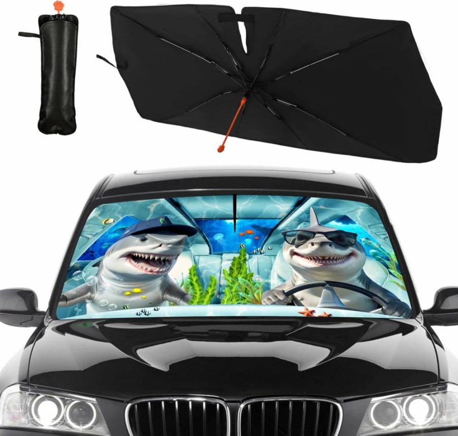 CHILL·TEK Foldable Car Windshield Sun Shade Umbrella - Frog Driving Design, UV Reflective Sunshade for Front Window, Auto Sun Protection Cover