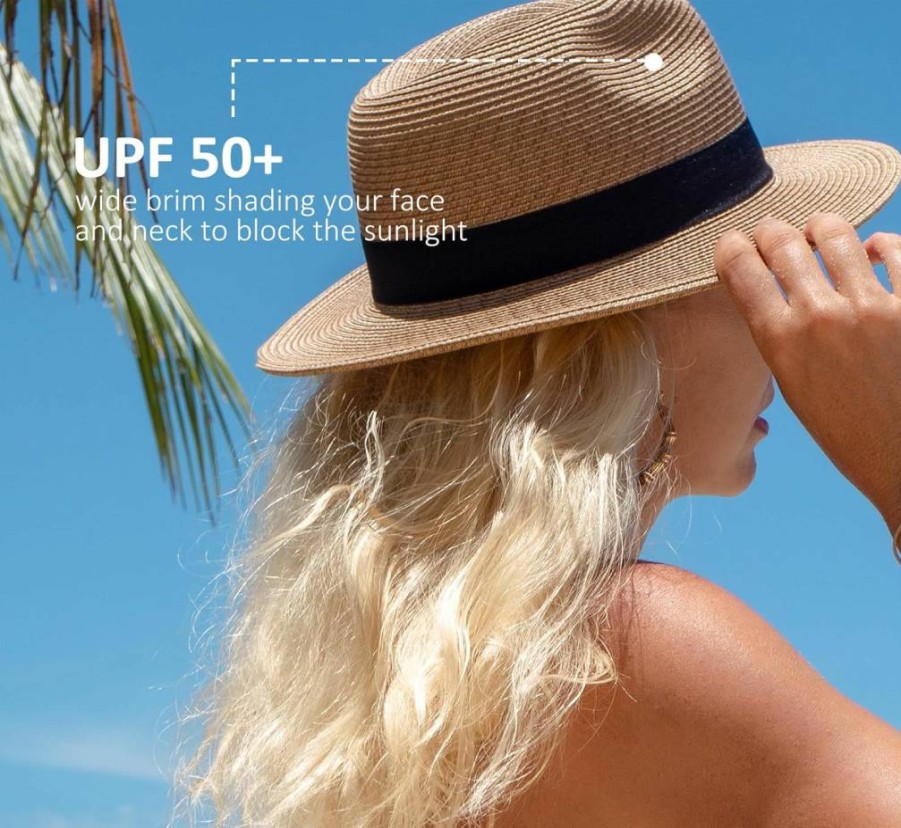 Joywant Women's Packable Wide Brim Straw Fedora Hat - UPF50+ UV Protection Summer Beach Sun Hat for Women