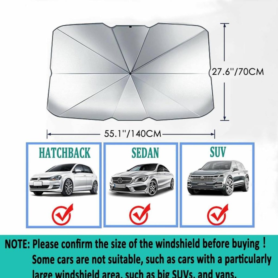 SPRFUFLY Car Windshield Sun Shade - 55" x 28" Foldable UV Reflective Sunshade for Cars, Universal Fit Sun Protector for Windshield Against Heat & Rays, Easy Storage Auto Accessory