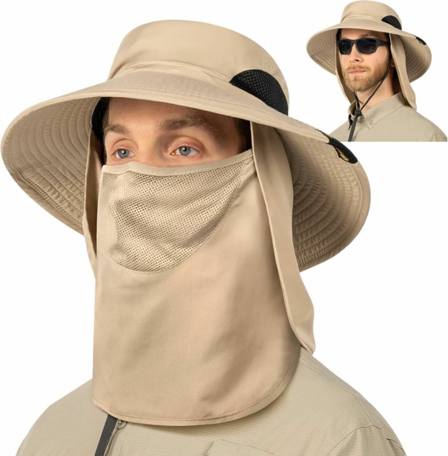 SUN CUBE UPF50+ Men's Fishing Hat with Wide Brim, Neck Flap & Face Cover for UV Protection - Outdoor Hiking Safari Sun Hat