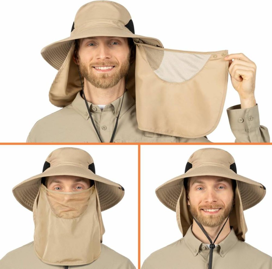 SUN CUBE UPF50+ Men's Fishing Hat with Wide Brim, Neck Flap & Face Cover for UV Protection - Outdoor Hiking Safari Sun Hat