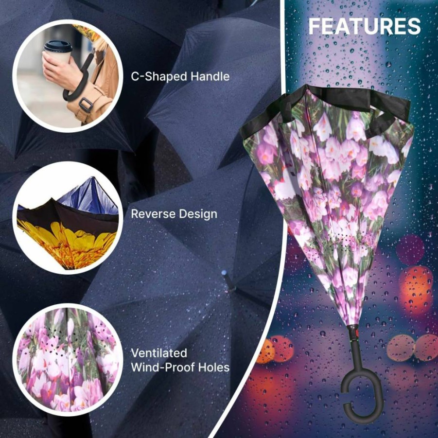 Topsy Turvy Upside Down Umbrella - Windproof, UV Protection, Drip-Free Design with C-Shape Handle for Hands-Free Use & Self-Standing Feature