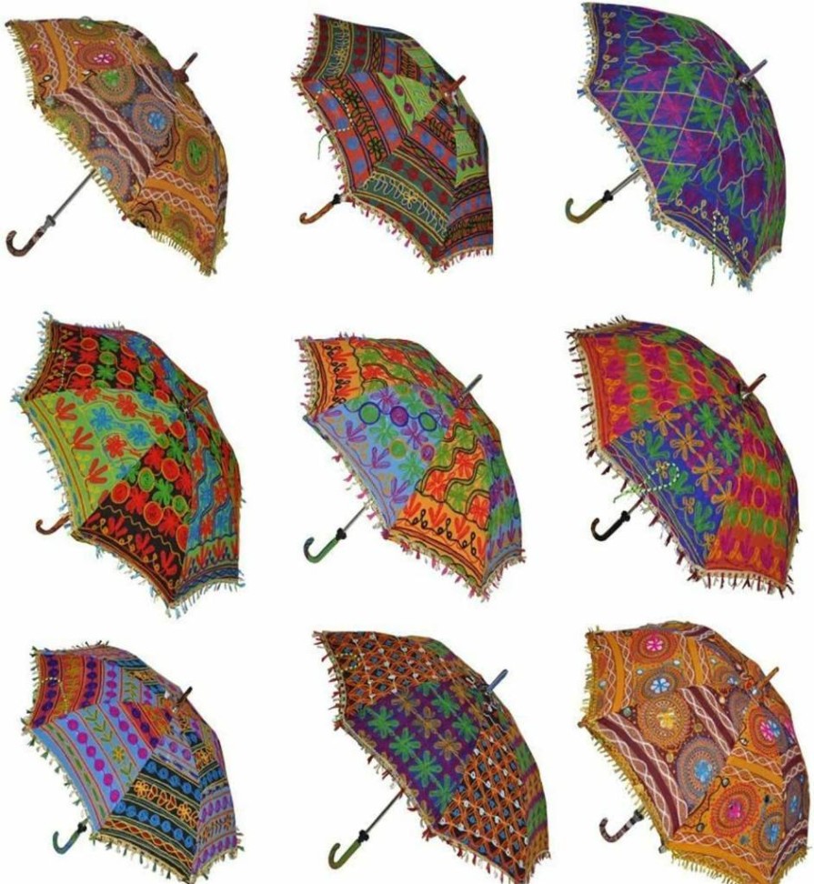 Sophia-Art Handmade Indian Wedding Umbrellas - Boho Cotton Embroidery Sun Parasol, UV Protection, Multi-Colored Decorative Beach Umbrella (10 Pcs Lot)